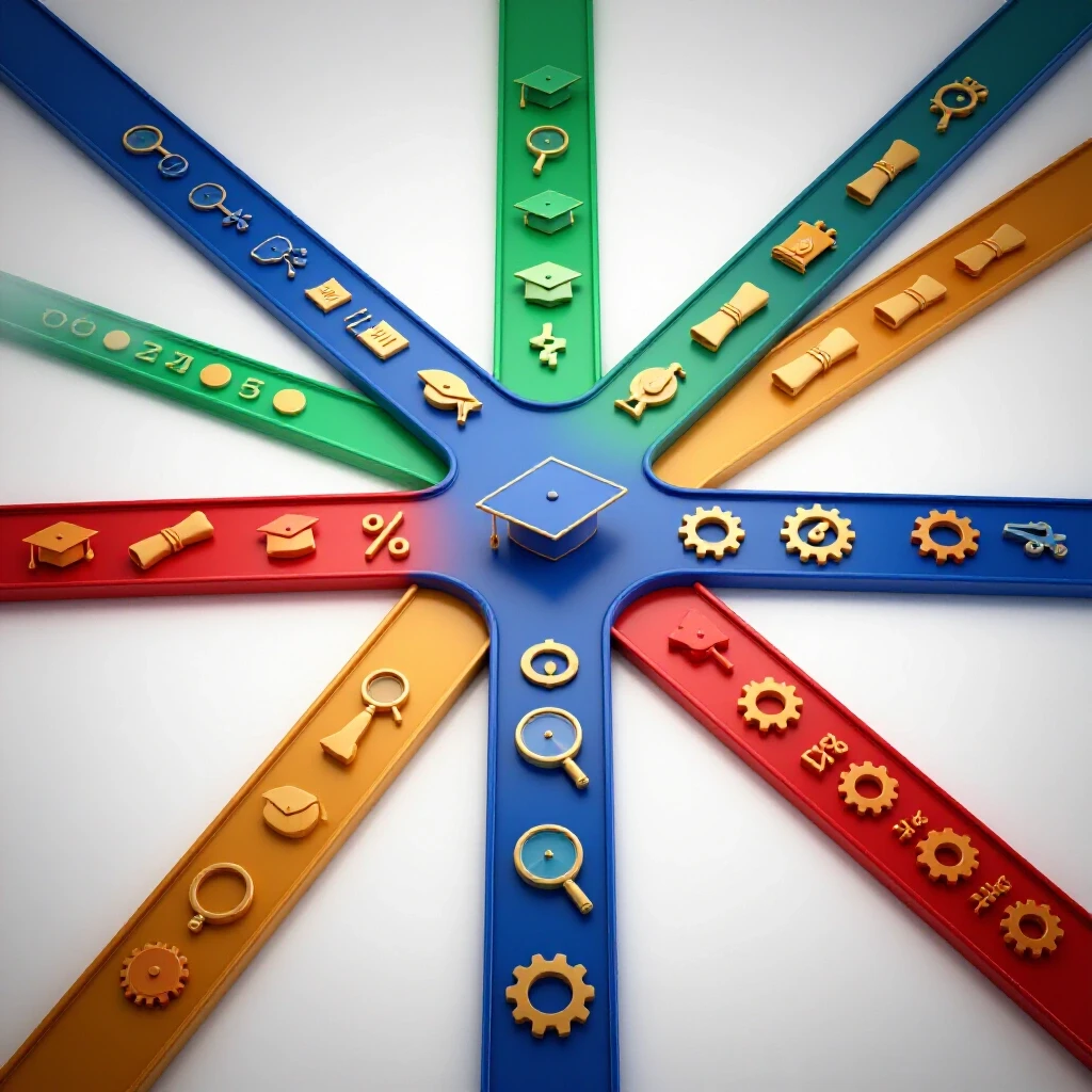 Colorful crossroads with vibrant academic icons symbolizing career paths for agency recruiting.