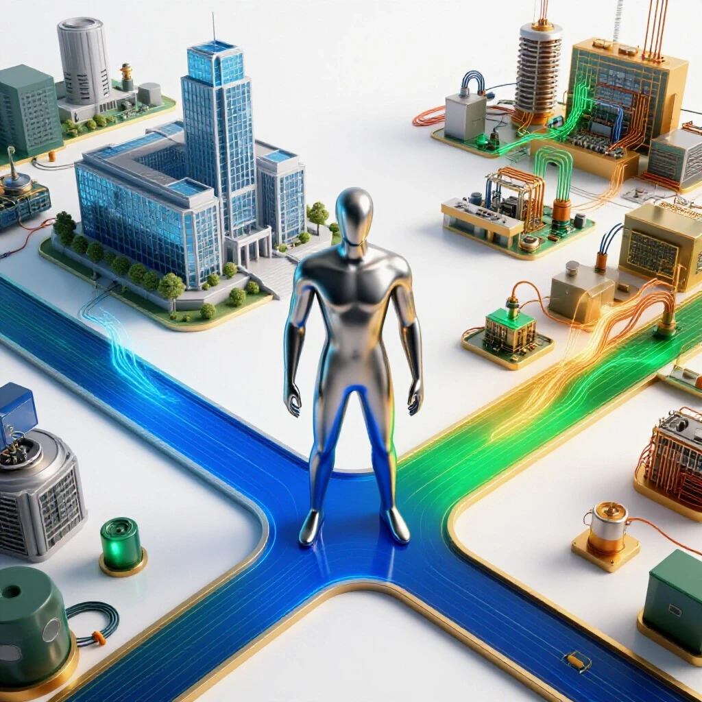 At a crossroads, an abstract metallic figure chooses between a university campus and an electrical workshop glowing with energy.