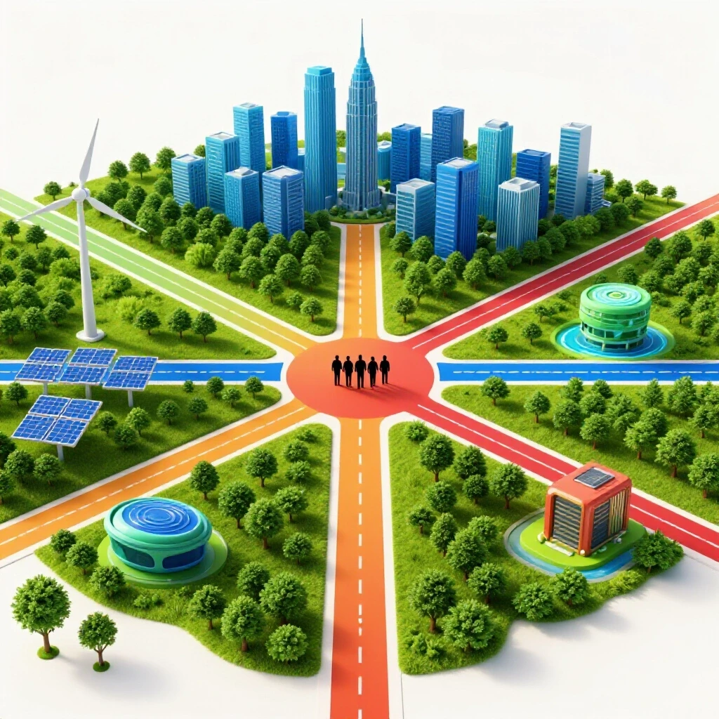 A central crossroads connects vibrant green landscapes with a bright city skyline, branching toward symbols of renewable energy, conservation, and sustainable innovation.