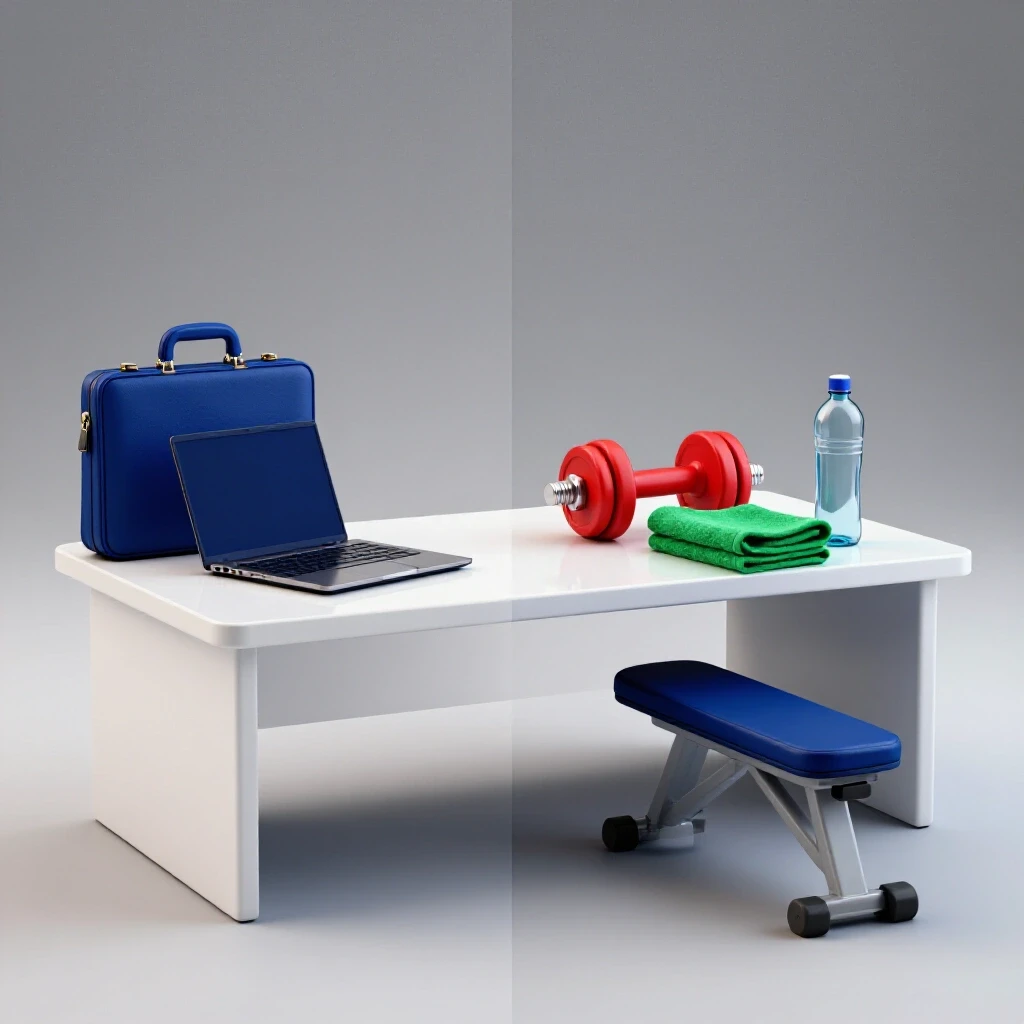 Split scene showing deep blue business items meeting vivid red and green fitness gear on a white background.