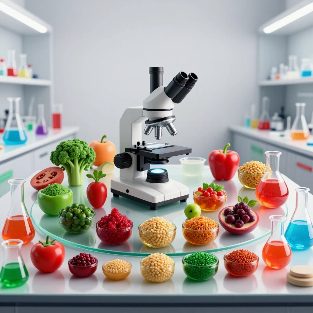 Saturated food samples and scientific glassware arranged under a modern microscope on a bright laboratory table