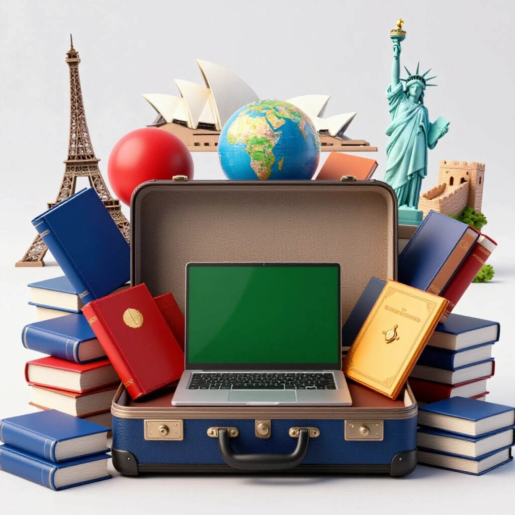 Open suitcase overflowing with colorful academic symbols and global landmarks in a bright studio setting