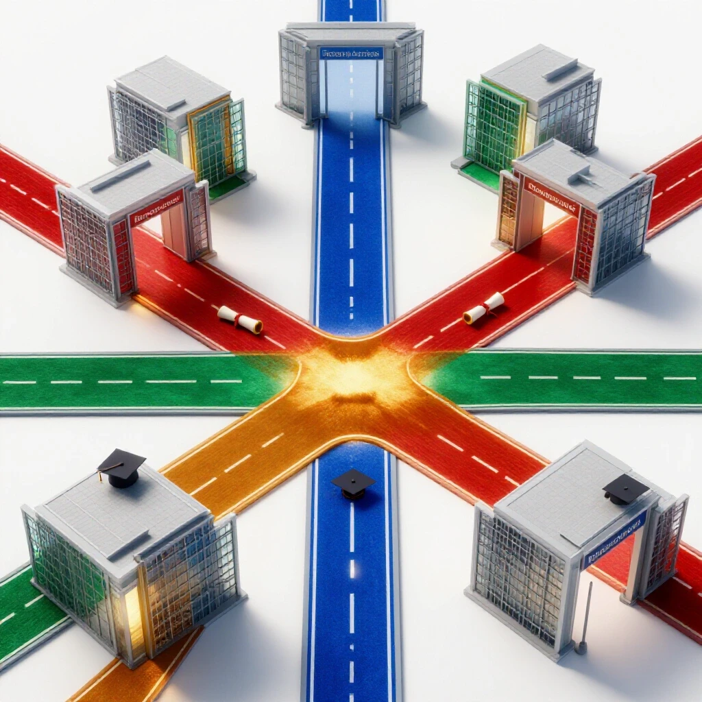 Illuminated, vibrant crossroads of colored paths leading to modern office gateways, symbolizing degree options for human resources careers.