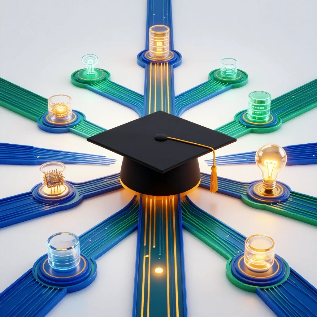 Open graduation cap with digital paths branching to glowing icons for tech, data, and innovation on bright background.