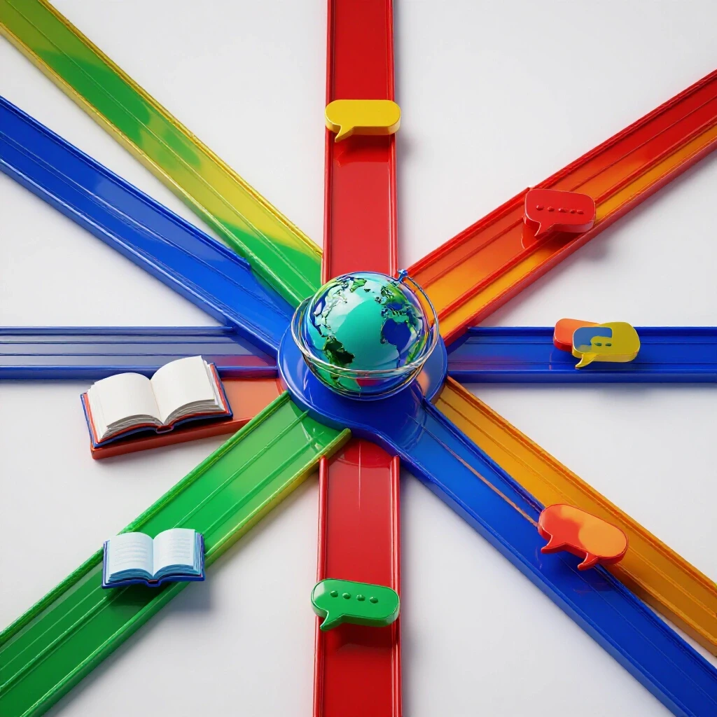Colorful crossroads of glossy pathways leading to open books, globes, and conversation bubbles on a bright background