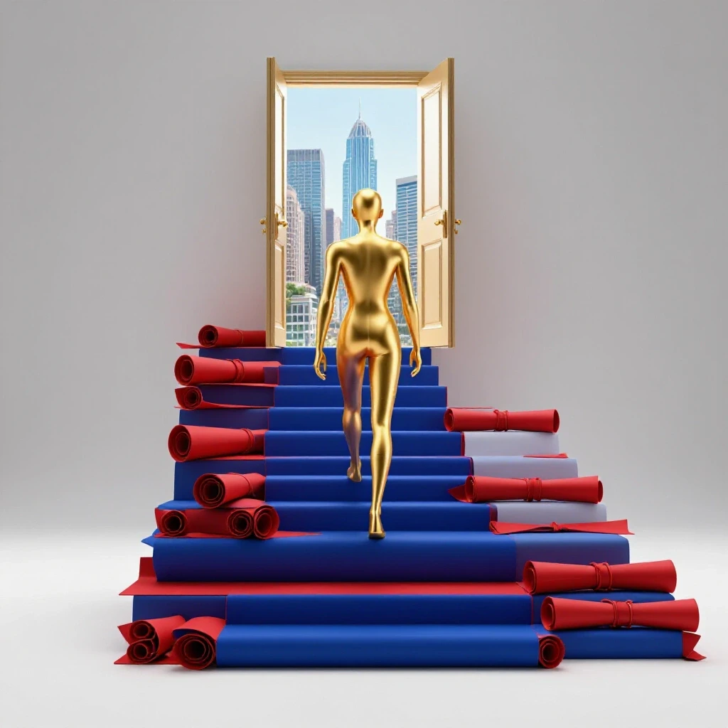 Abstract golden figure climbs vibrant diploma scroll stairs toward a glowing doorway above a modern cityscape