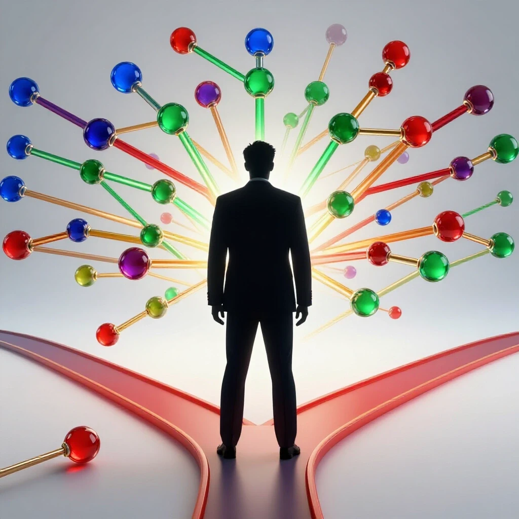 A glowing network of colored nodes and pathways forms a professional figure’s silhouette at a crossroads, symbolizing diverse career paths in networking against a bright background.