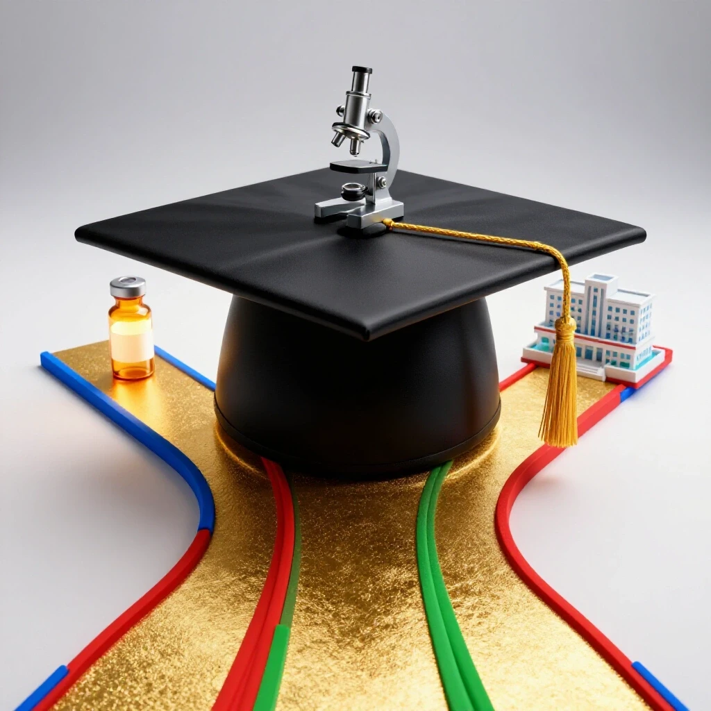 Graduation cap with branching roads leading to pill bottle, microscope, and hospital on vivid white background.