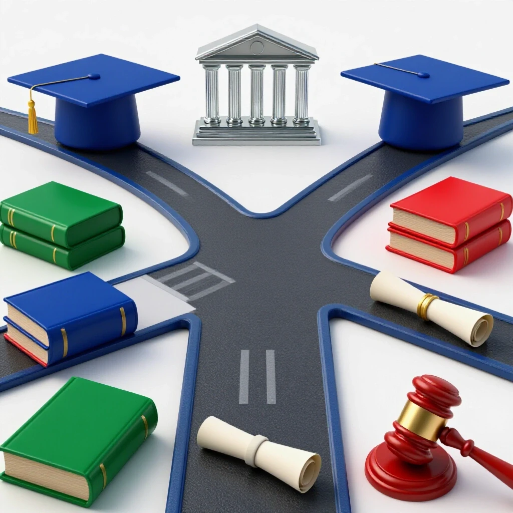 A crossroads with branching paths leading to graduation cap, law books, diploma, gavel, and a distant courthouse.