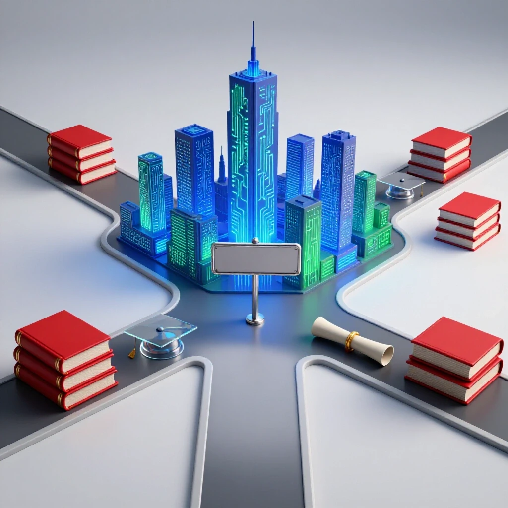 A crossroads splits toward a futuristic AI city and a path lined with academic symbols, signifying career choices.