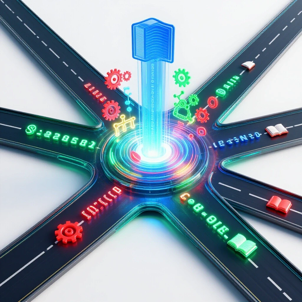 A futuristic crossroads with glowing holographic interfaces and academic symbols rising from colorful, high-tech pathways, set on a bright, clean background.