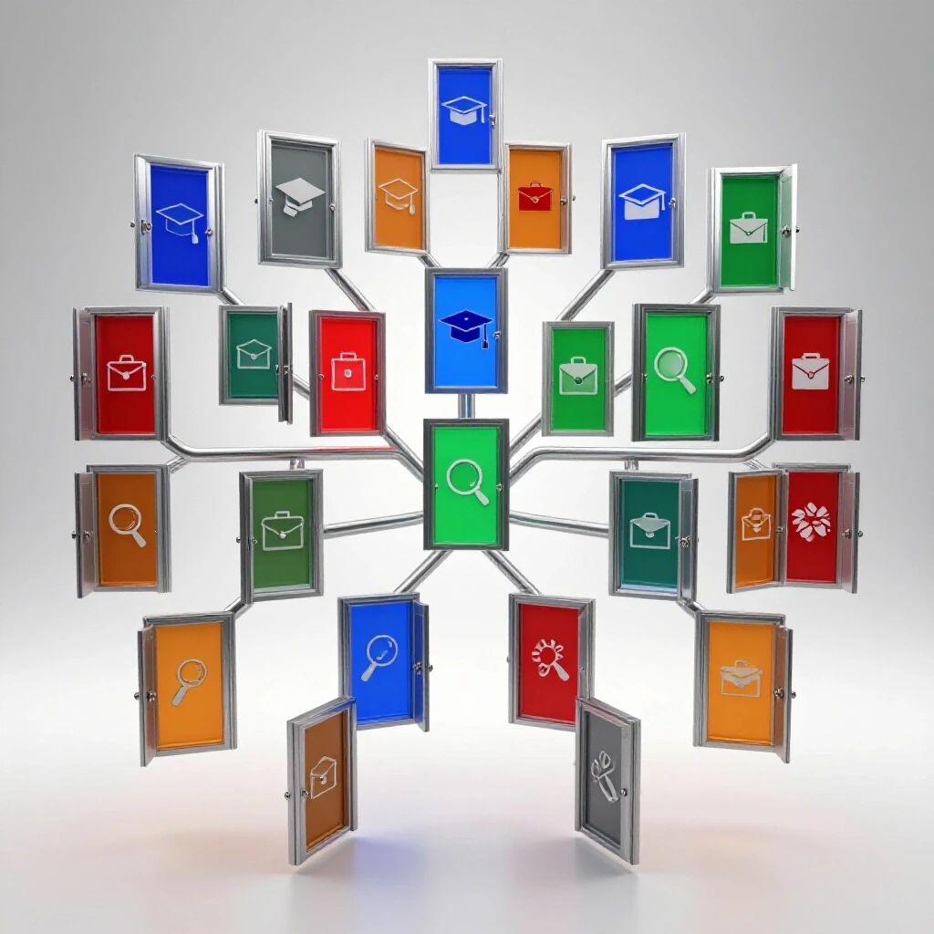A network of open doors with vivid career and academic symbols at the center of a bright studio background.