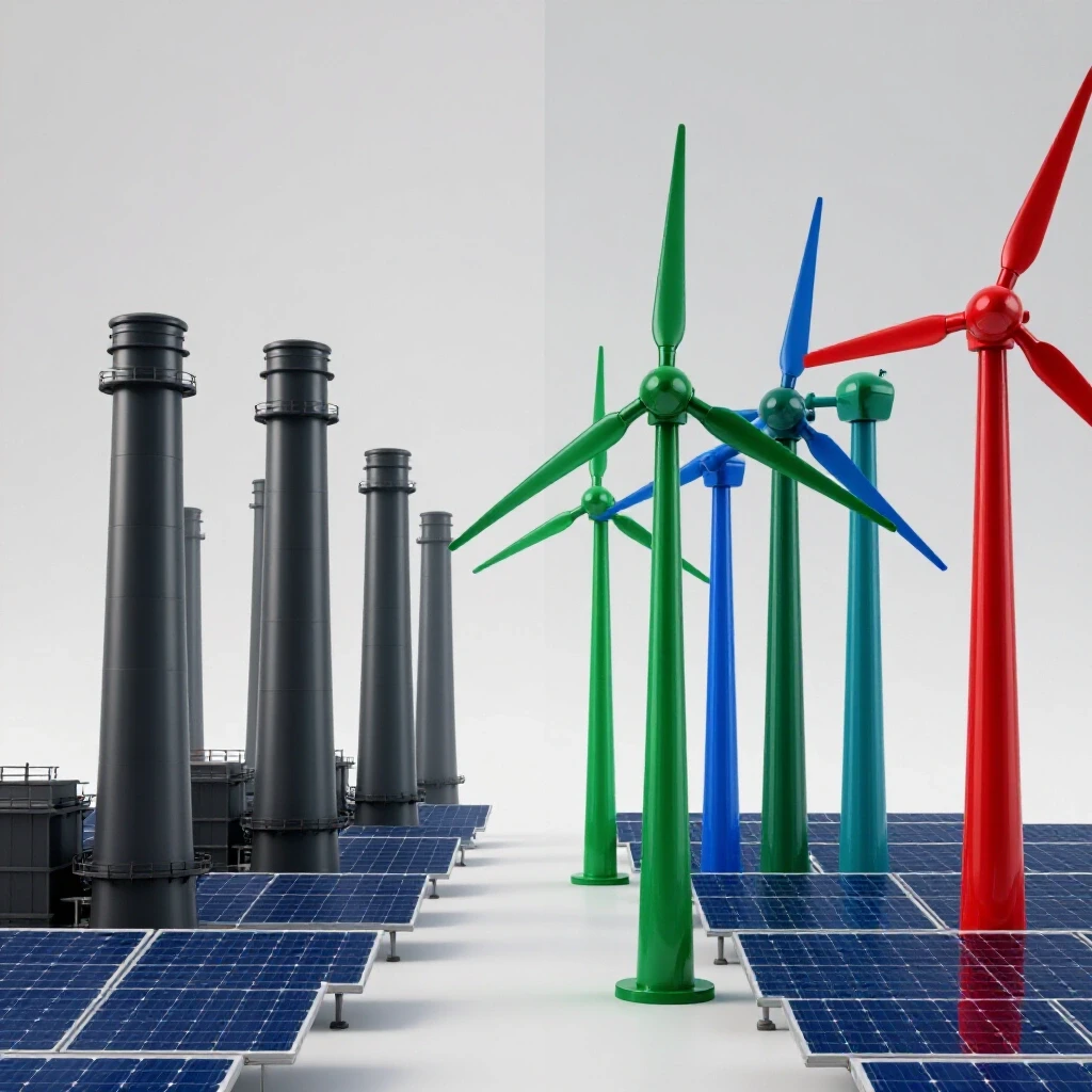 Contrasting scene with fading smokestacks and vibrant wind turbines and solar panels on a bright background.