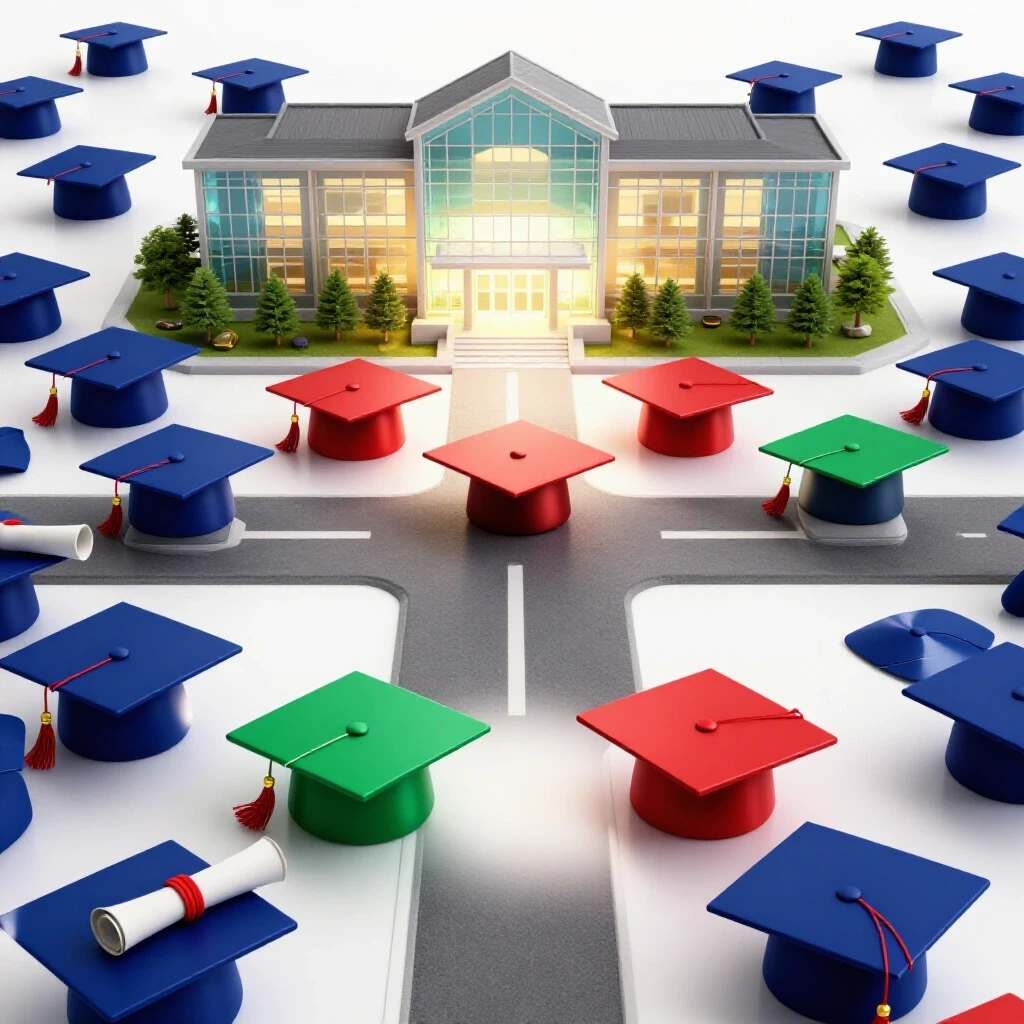 Vivid crossroads lined with diploma scrolls and graduation caps, leading to a glowing school building on a bright background.