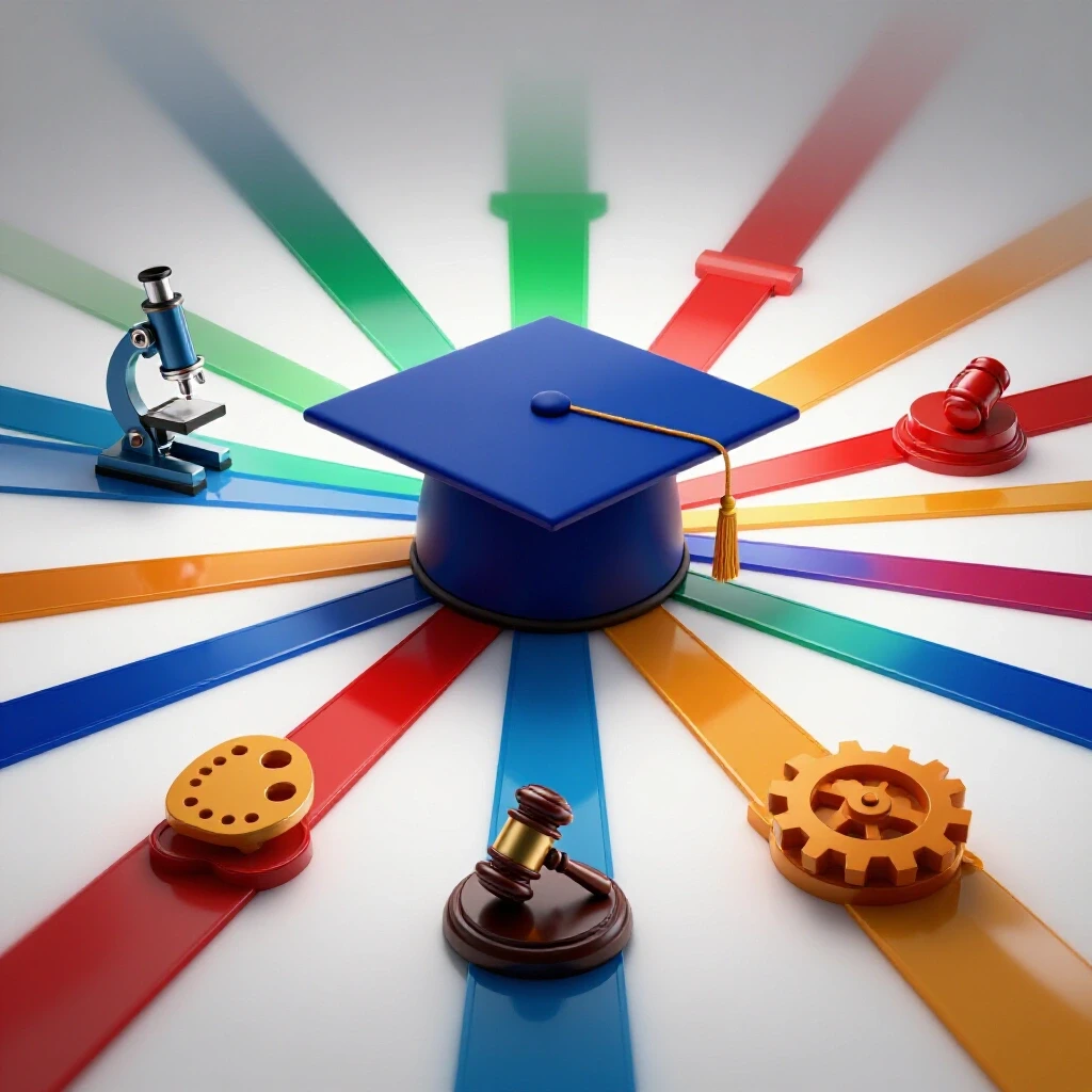 Graduation cap at the center with vivid pathways branching to icons like a microscope and gavel on a bright white background.