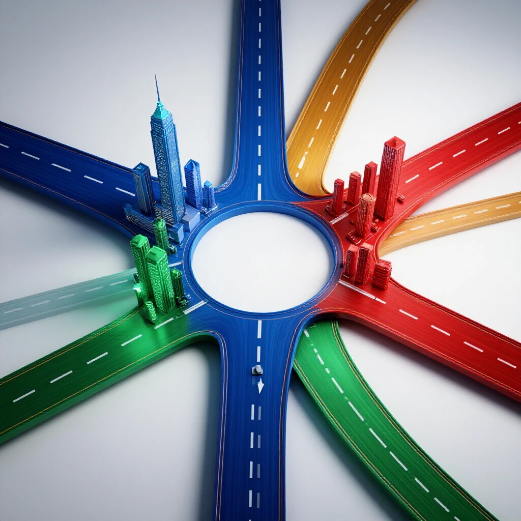 Futuristic crossroads with vibrant colored pathways leading to illuminated startup cityscapes on a bright background.