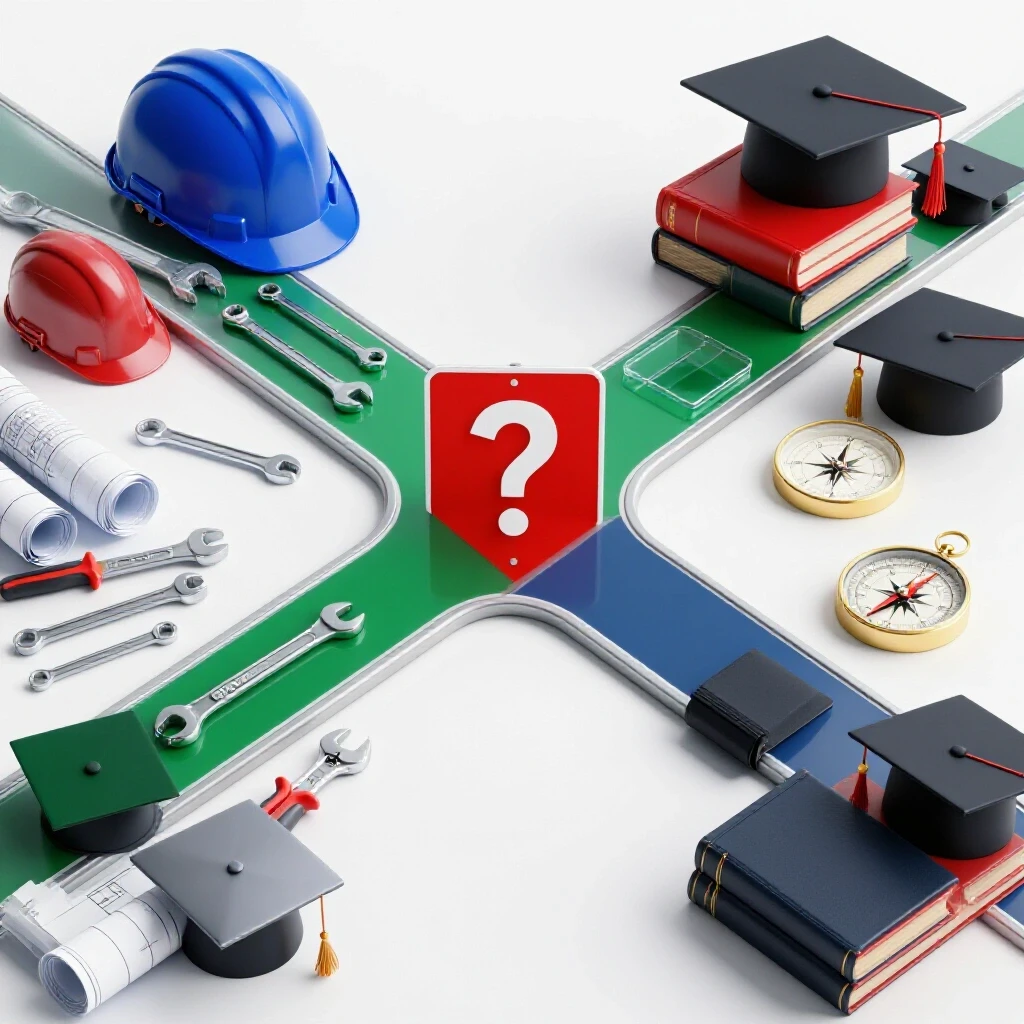 Crossroads with construction tools and blueprints on one side, graduation caps and books on the other, atop a luminous white background.