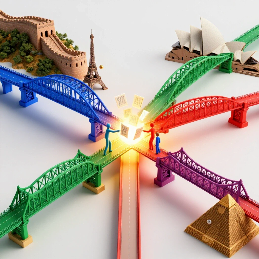 Dramatic colored bridges connect global landmarks exchanging glowing documents at a bright central crossroads.