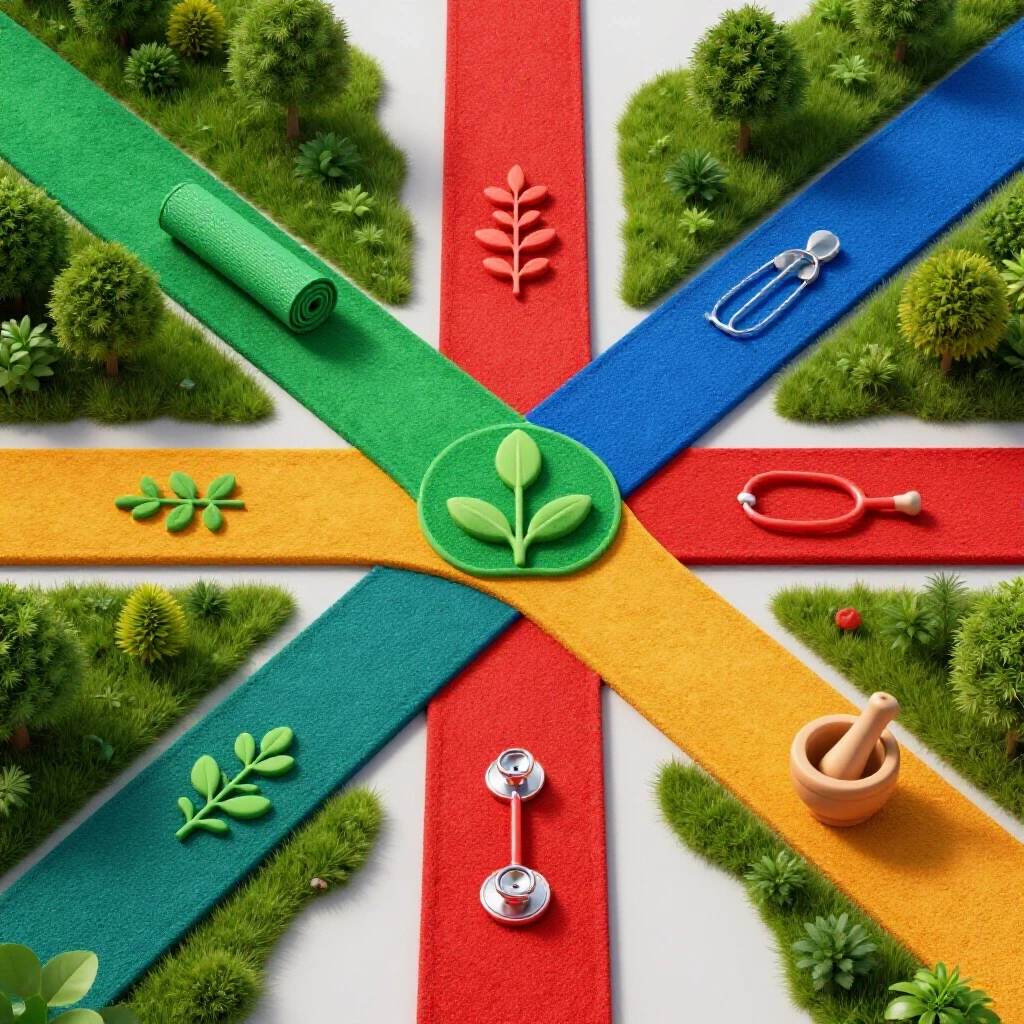 Vibrant crossroads in a luminous landscape with four colored paths lined by wellness symbols like yoga mat and stethoscope.
