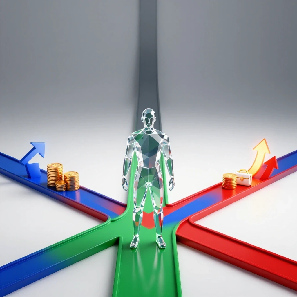 Abstract figure at crossroads with bold colored paths leading upward to glowing symbols of success