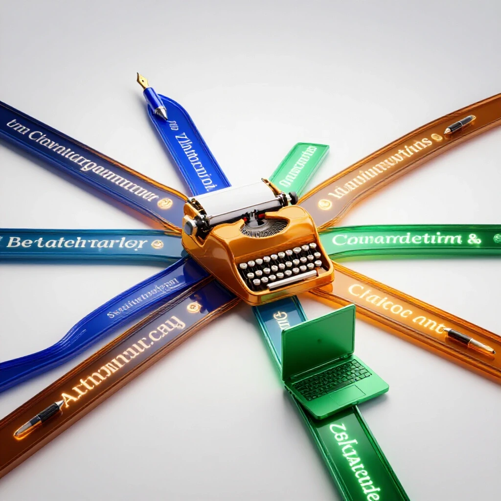 Bright crossroads of academic paths transforming into vibrant writing tools on a luminous white background.