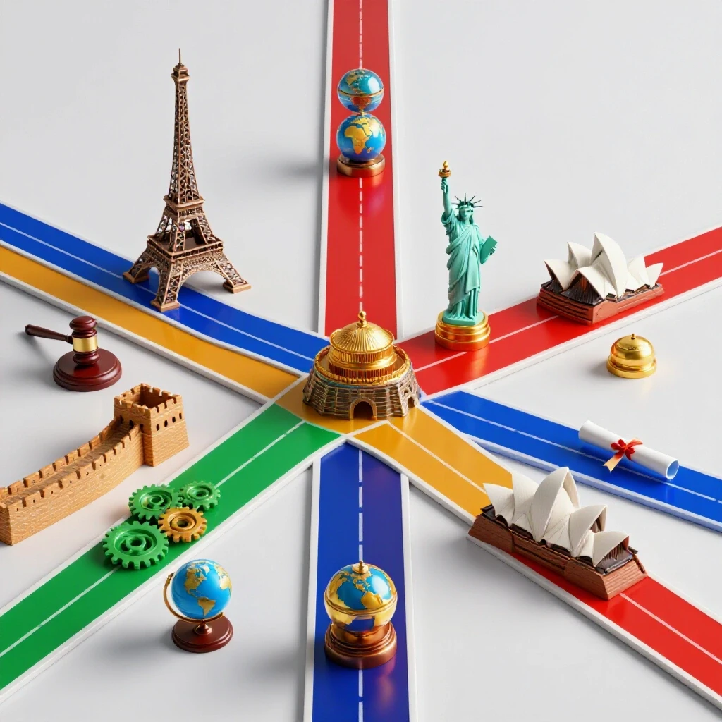 Colorful crossroads with global landmark replicas and career symbols on bright background, paths diverging outward