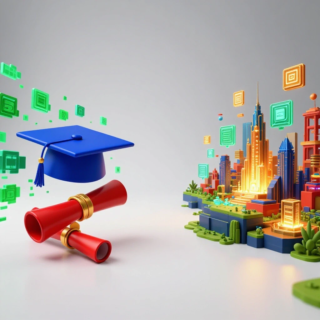 Split scene with academic symbols transforming into digital elements beside a vibrant game world emerging.
