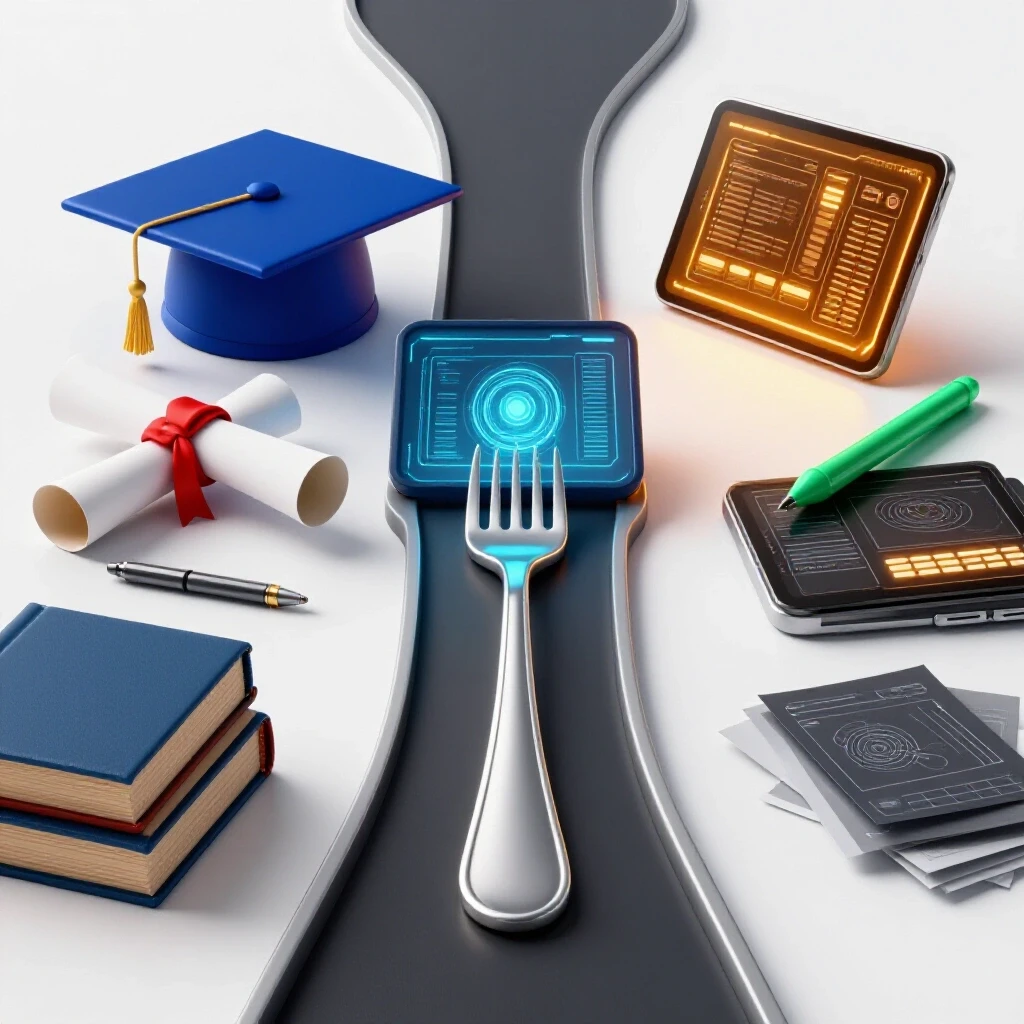 A forked path with academic symbols on one side and creative design tools on the other, converging at a futuristic digital interface.