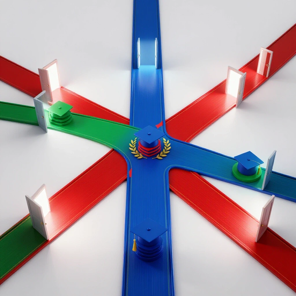 Glossy blue, green, and red paths branch out from a crossroads, leading to bright open doors, with academic symbols marking opportunity.
