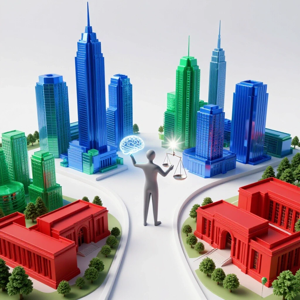 A split pathway between a vibrant cityscape and academic campus, abstract figures contemplate glowing brain and balance scales at the intersection, symbolizing choices in AI ethics careers.