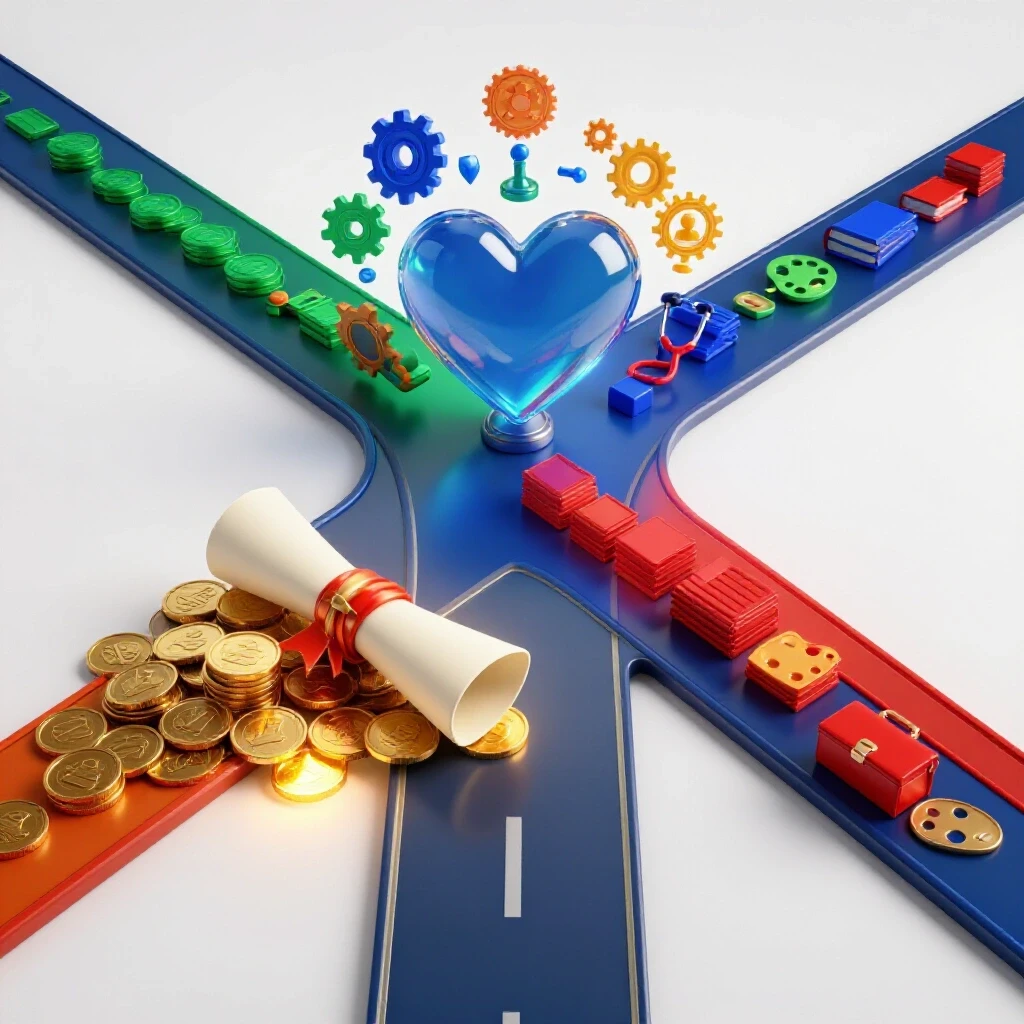 Two diverging paths at a crossroads: one to a diploma on coins, the other to a glowing heart with career icons.