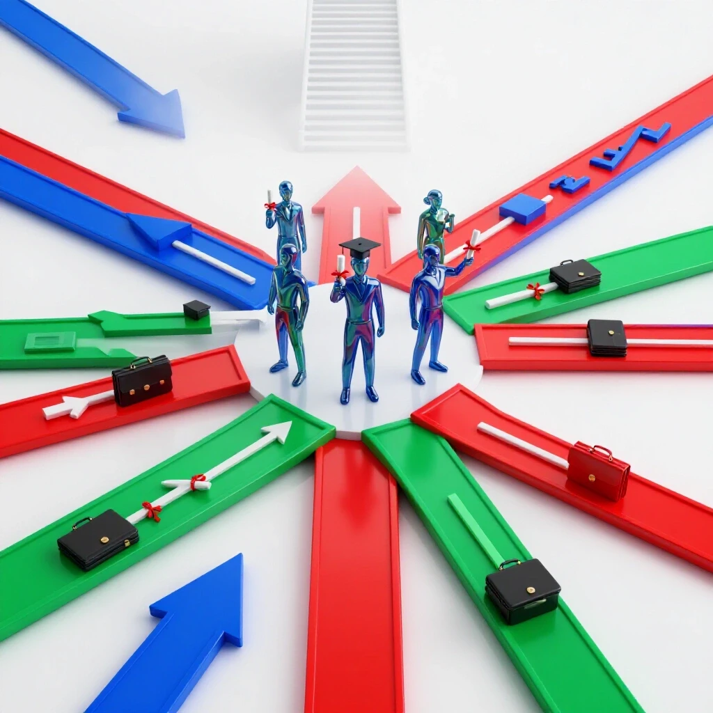 Vibrant crossroads with abstract figures holding diplomas, branching to bright career symbols, misty stairs in background