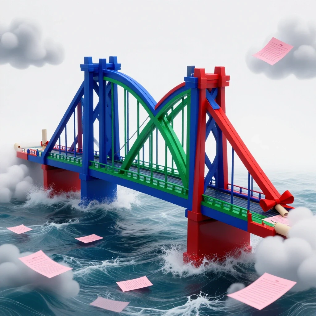 A sturdy bridge of intertwined diplomas spans a turbulent sea of pink slips under stormy clouds, symbolizing career security.