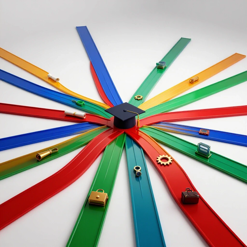 Multiple vibrant pathways diverge at a crossroads with graduation symbols, each path brightly lit and ascending upward, symbolizing career growth without extra degrees.
