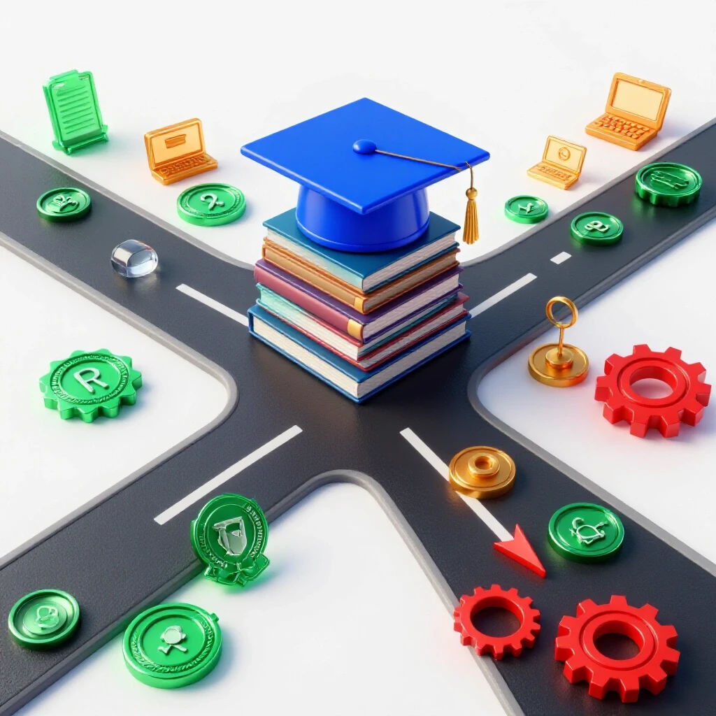A vibrant crossroads displays a glossy academic cap and alternative learning icons on diverging paths.