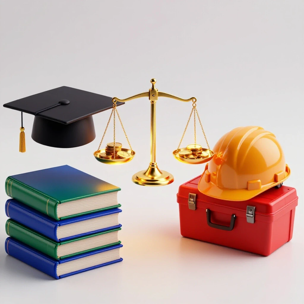 Graduation cap on books and hard hat on toolbox linked by a balanced golden scale with coins on bright background