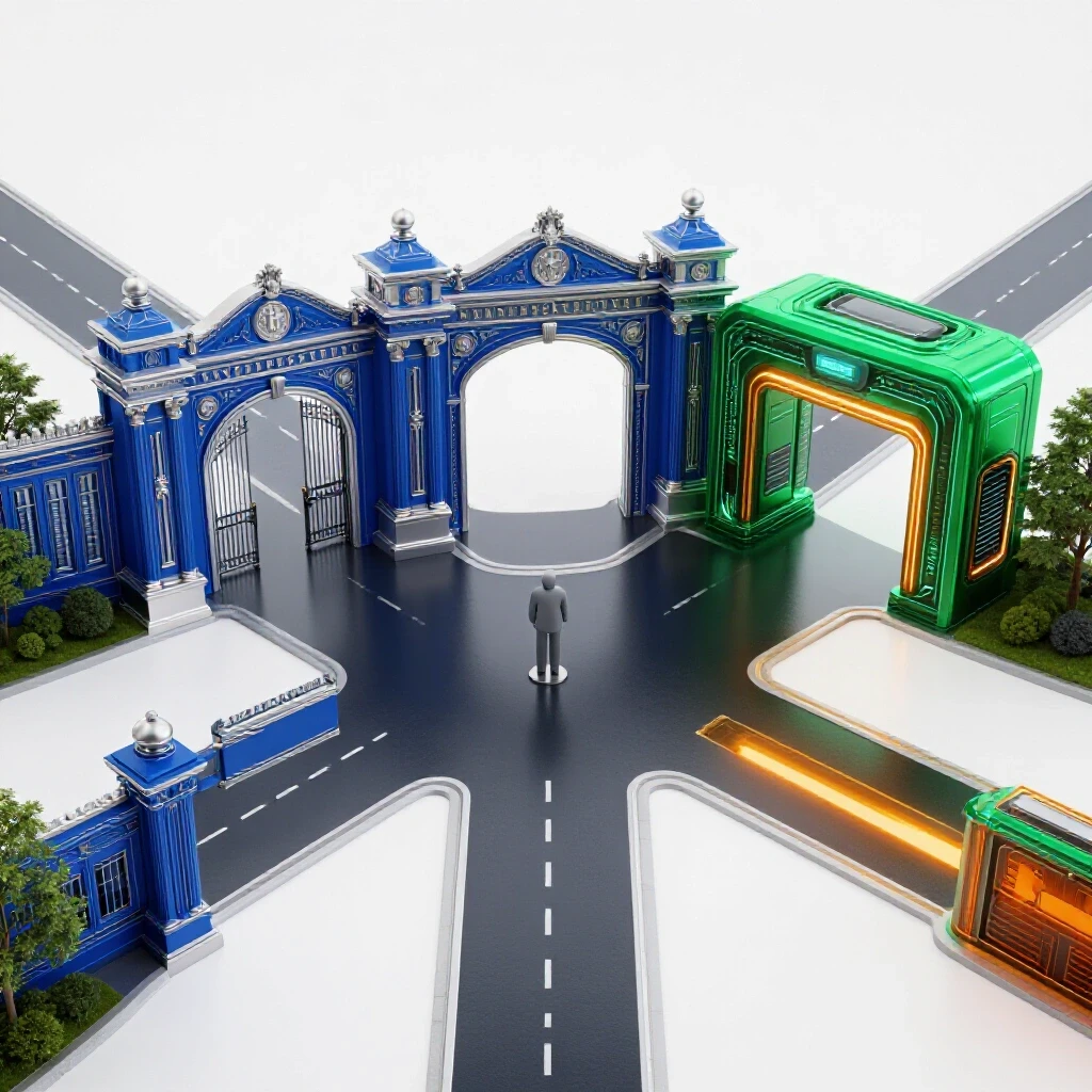 A dynamic crossroads splits toward a classic blue university gate and a vibrant green tech hub, with a central decision marker.