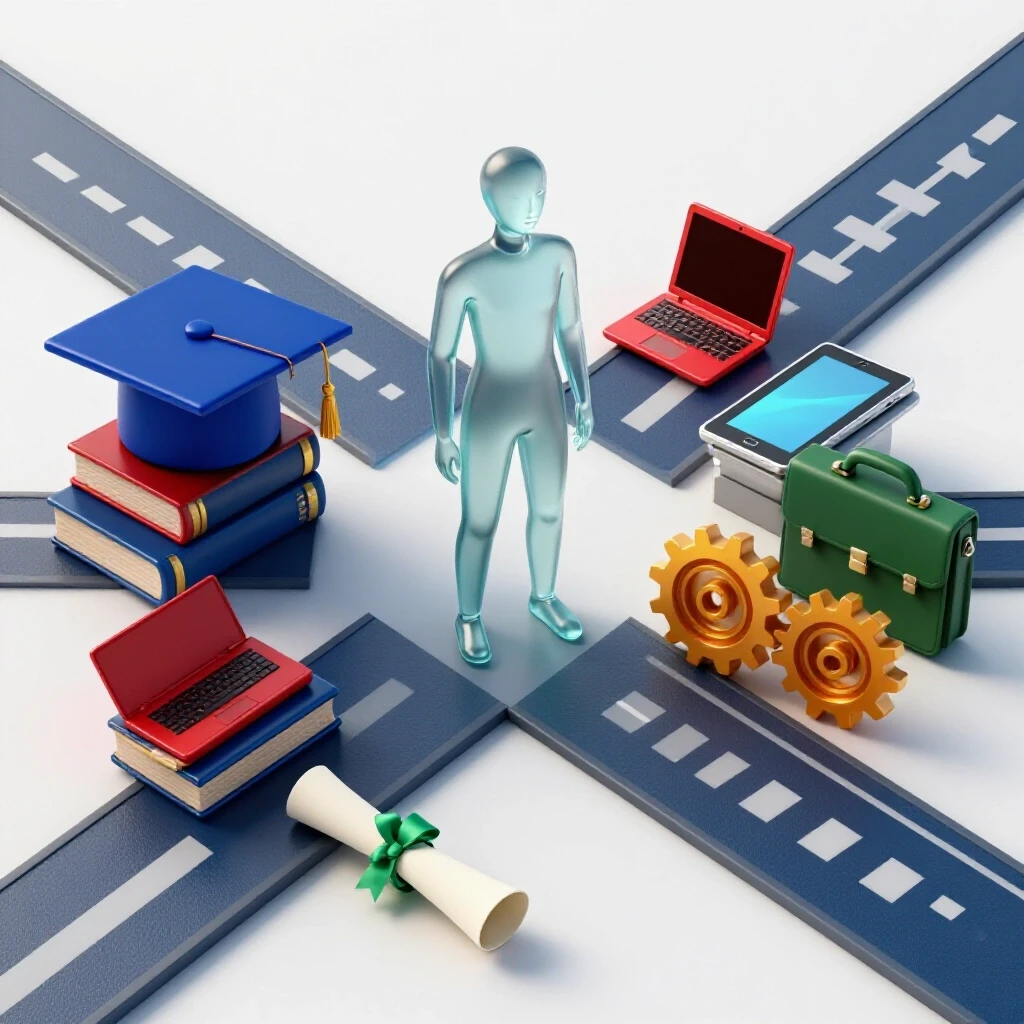 A crossroads with academic icons on one path and tech and workplace symbols on the other, abstract figure at center.