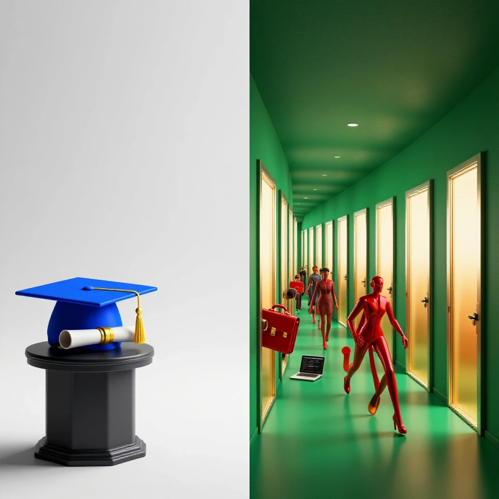 Split scene showing a graduation cap and diploma contrasted with illuminated branching doors and career symbols.
