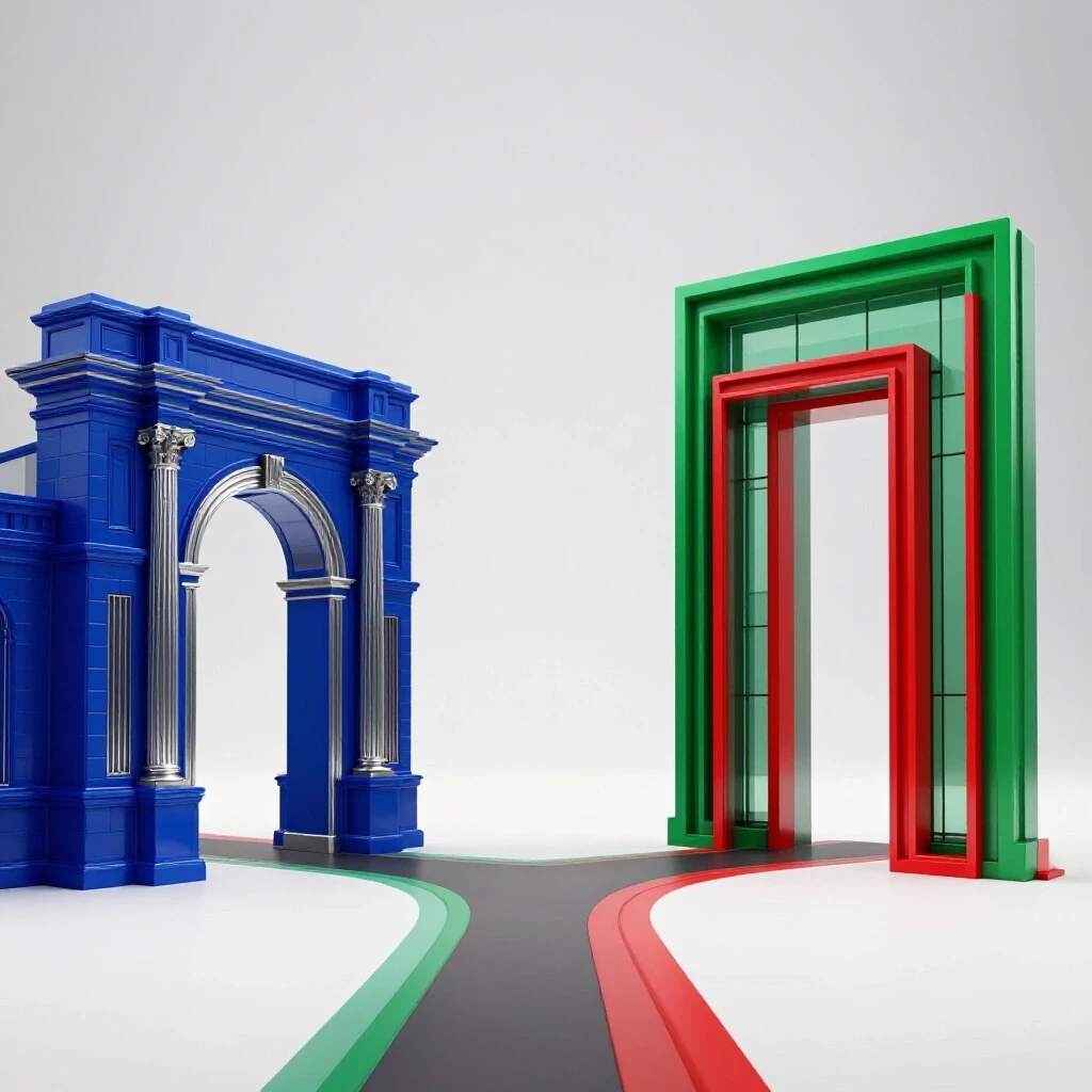 Vivid crossroads scene with a traditional academic arch and a modern gateway, symbolizing career pathways.