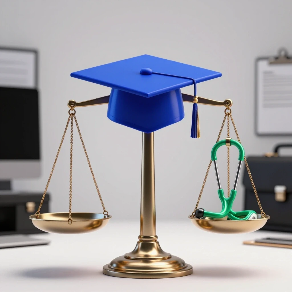 A metallic scale with a glowing blue graduation cap on one side and a green stethoscope on the other, balanced against a bright white background.