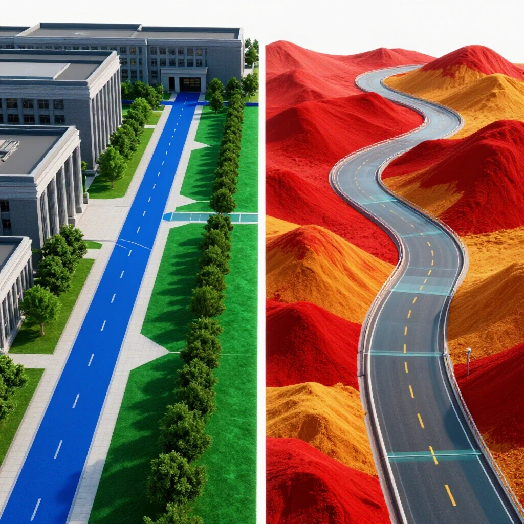 Split composition with a structured university pathway on one side and a winding, colorful open road on the other, both on a bright white background.