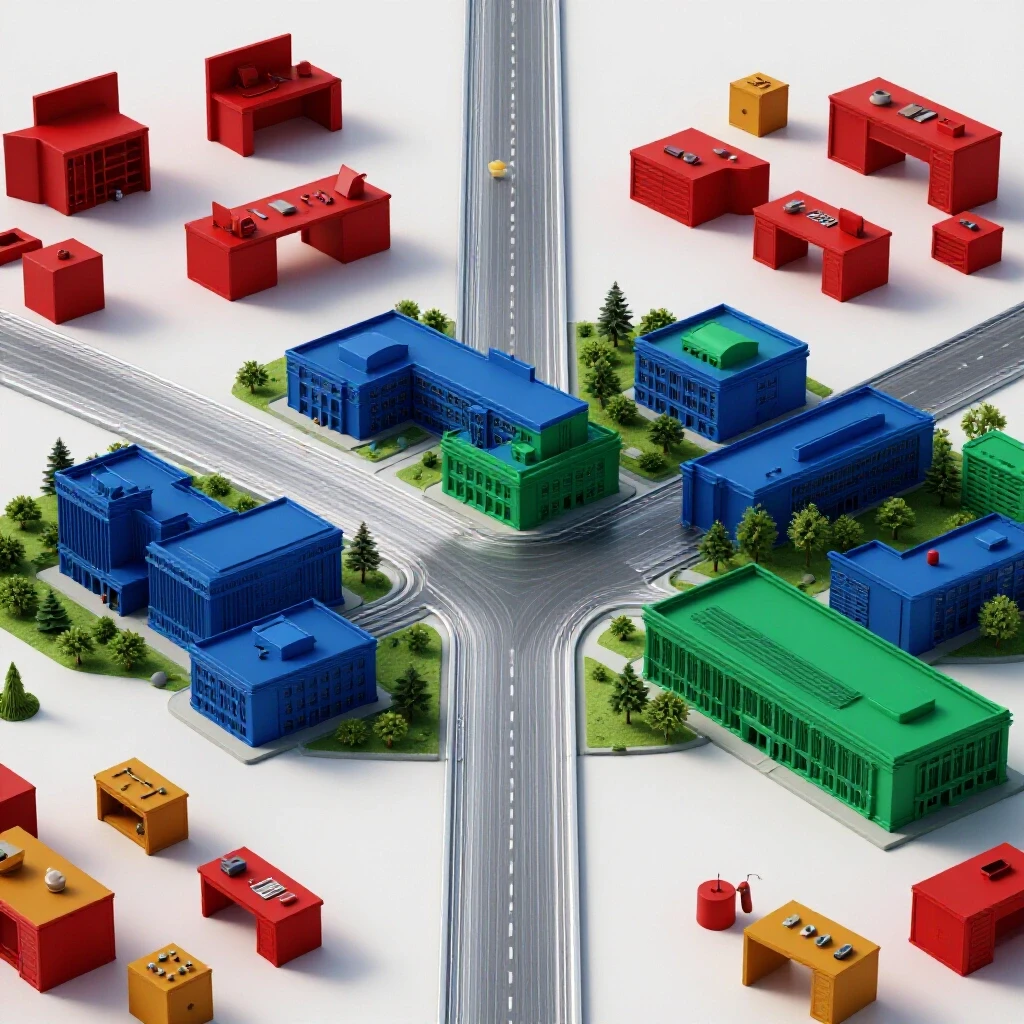 Central crossroads dividing toward a structured blue-green campus and a vibrant red-amber creative workspace
