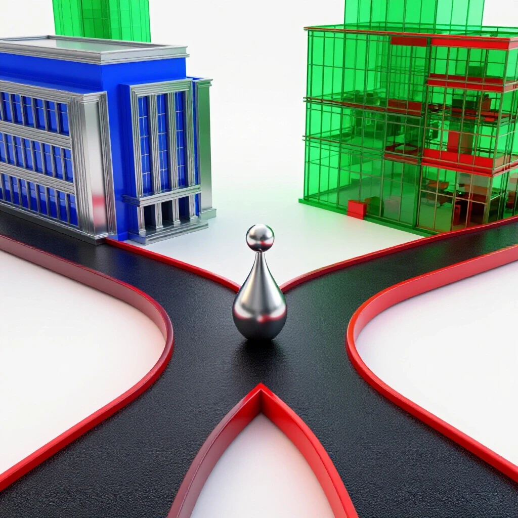 A crossroads with separate paths leading to a modern academic building and a colorful workplace, with a symbolic figure waiting at the intersection highlighting career choices.