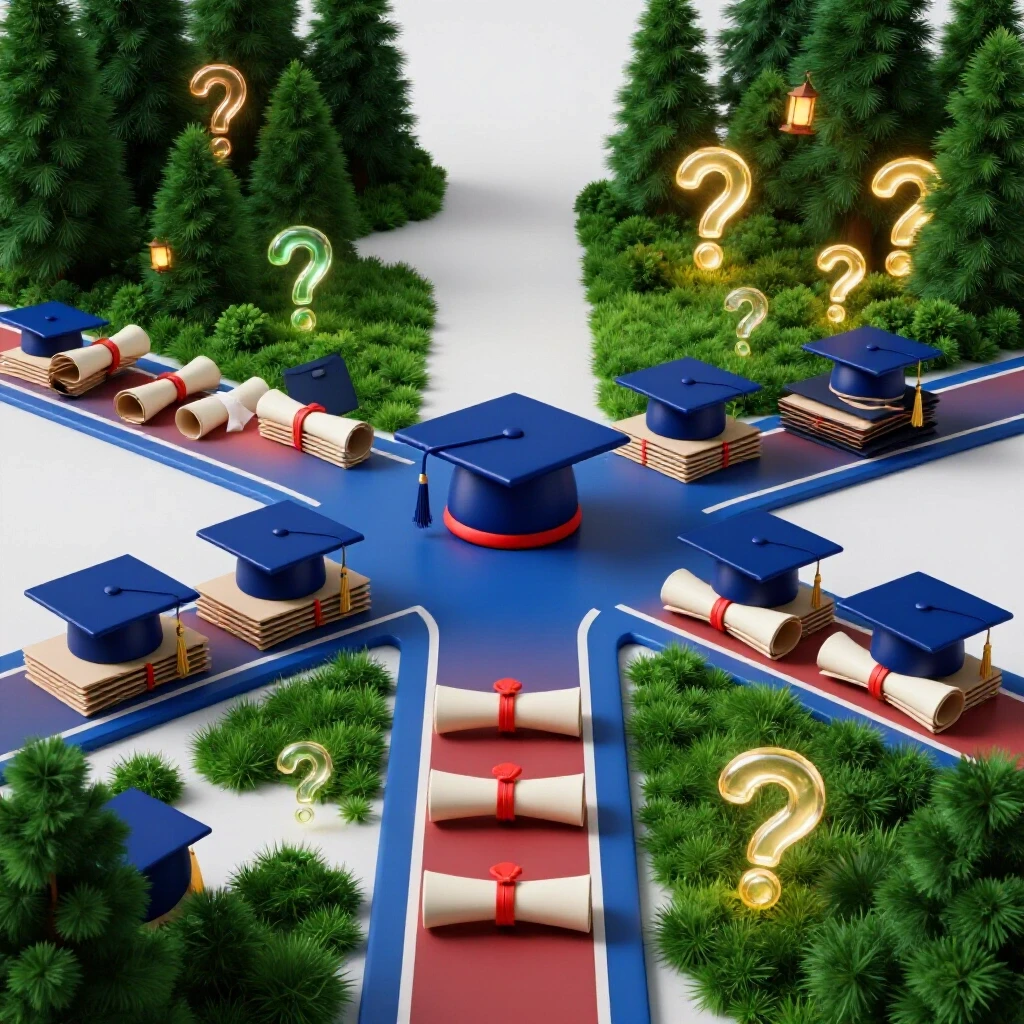 A crossroads with one path lined by graduation caps and diplomas, another winding through a glowing forest of question marks and lanterns.