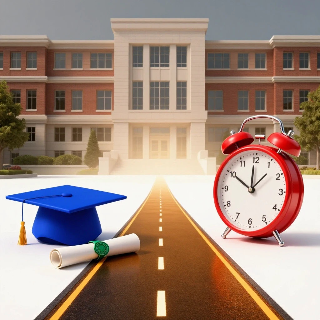 Balanced scale with graduation cap, diploma on one side, and clock and open road on the other, set against a white studio background.