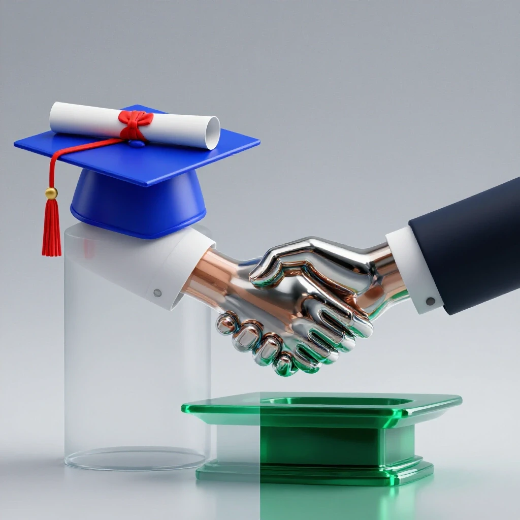 Split-scene image with a graduation cap and diploma on one side, business handshake on the other, vivid colors and bright background.