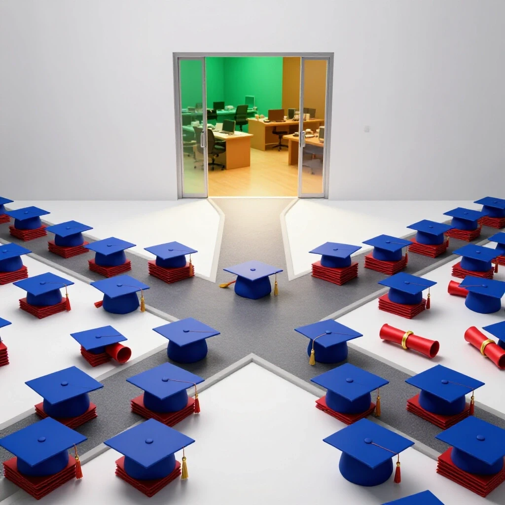 A crossroads featuring one path with graduation caps and diplomas, another with open doors to workplaces, set in a bright studio scene.
