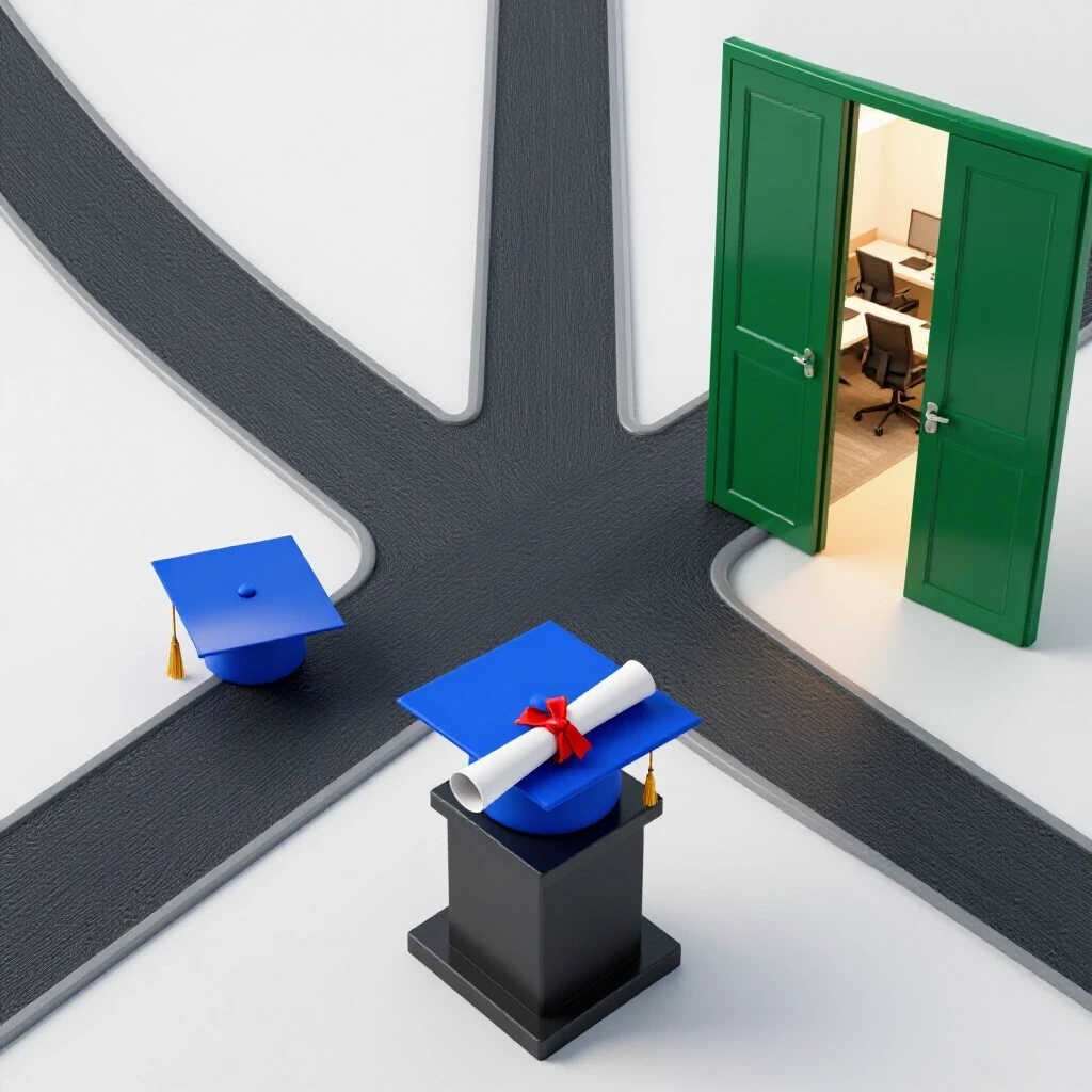 Crossroads where one path leads to a graduation cap and diploma, and the other to an open corporate office door