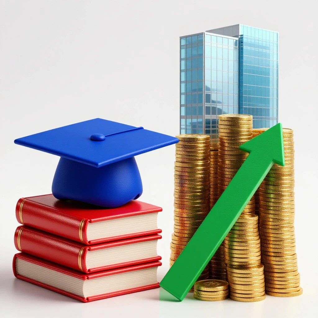 Graduation cap on textbooks beside a staircase of gold coins leading to an office building on a bright background.